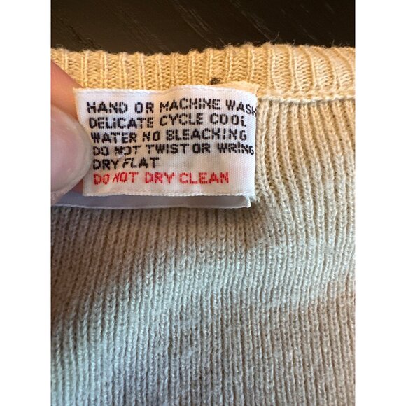 Lady LaMode Beige V-Neck Sweater Owl Embroidery "Nobodys Perfect" L Vintage 70s - Picture 4 of 5